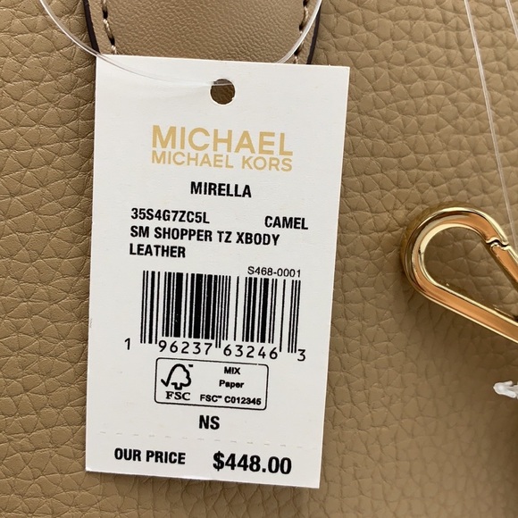 Michael Kors Mirella Small Pebbled Leather Crossbody Top Zip XBODY Bag Camel NWT - Picture 15 of 16